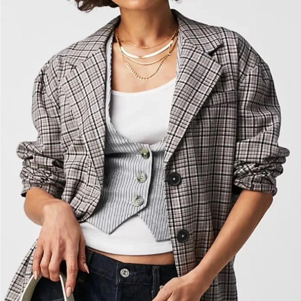 We the Free People Cali Plaid blazer M black grey pink Boxy Single Breasted - Picture 3 of 15